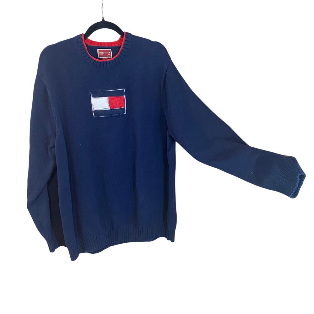 Vintage Tommy Hilfiger Denim Sweater XL Made in Japan Flag Logo 90s Y2K cotton